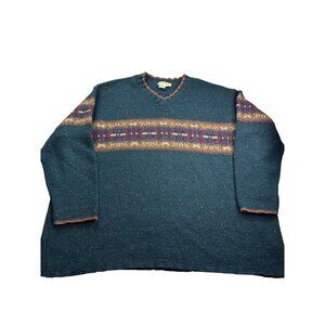 Vintage Y2K Eddie Bauer Sweater Fair Isle Teal Wool Blend Knit  V Neck XXL USA